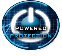 A blue and black logo with the words powered protection