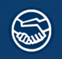 A blue and white logo with two hands shaking.