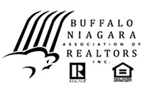 A black and white logo of the buffalo niagara association of realtors.